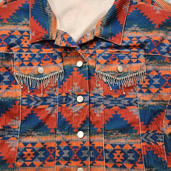 Savanna Jane Jacket Womens L Multicolor Aztec Corduroy Rhinestone Fringe Western - Picture 3 of 10